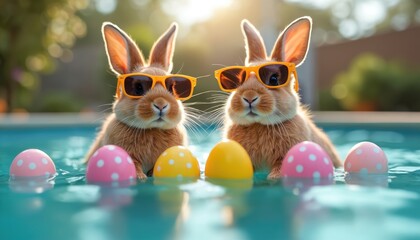 Two brown bunnies wear orange sunglasses in pool with Easter eggs. Bunnies sit in water with colorful eggs. Easter celebration with funny animals.