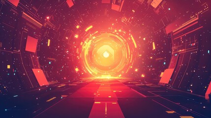 Digital tunnel connecting data stream with glowing portal