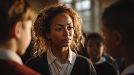 Female teacher observing two students during serious classroom conversation with soft sunlight creating calm focused atmosphere among children