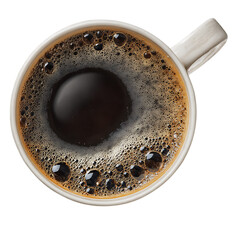 Top view of black coffee in a white cup with creamy foam texture and perfect bubbles 