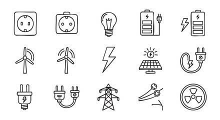 Hand drawn ecology icons renewable energy sources electricity and power