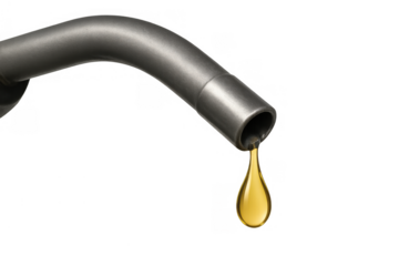 Fuel nozzle dripping golden oil drop, representing energy crisis, petroleum prices, and gas station business on transparent background