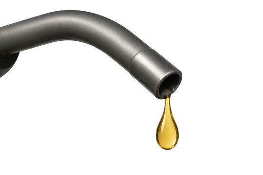 Fuel nozzle dripping golden oil drop, representing energy crisis, petroleum prices, and gas station business on transparent background