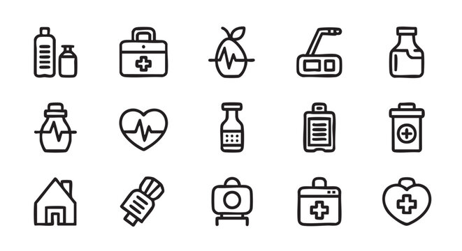 Hand drawn medical icon set with various health related symbols