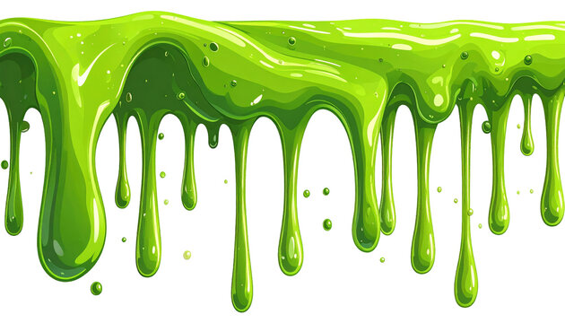 Cartoon-style illustration of dripping, glossy, bright-green viscous liquid against a black background. The substance has irregular, flowing edges
