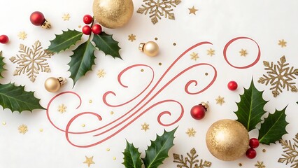 A festive flat lay arrangement showcases golden ornaments red berries holly leaves and delicate snowflakes on a white backdrop evoking christmas spirit