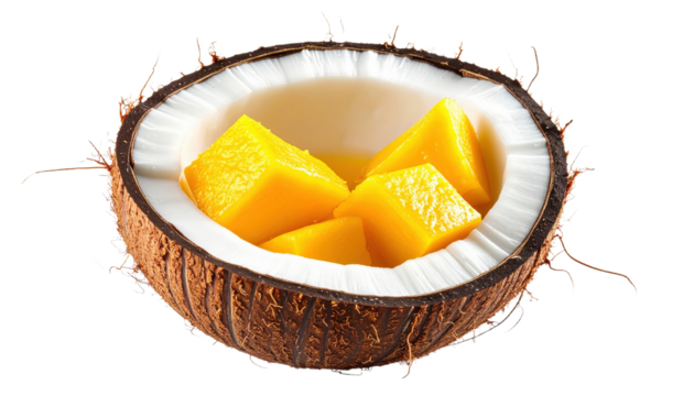 Half Coconut Shell Filled with Fresh, Vibrant Yellow Mango Chunks and Coconut Water