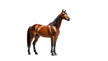 Chestnut horse standing, facing right, isolated on black