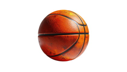 Worn basketball floating against a stark black background