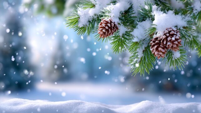 A pine tree branch covered in snow and pine cones