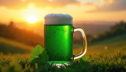 Green beer mug rests on grass at sunset. Shamrock symbols adorn the drink. Warm light creates festive atmosphere celebrating St Patricks Day outdoors. People enjoy a joyful Irish holiday.