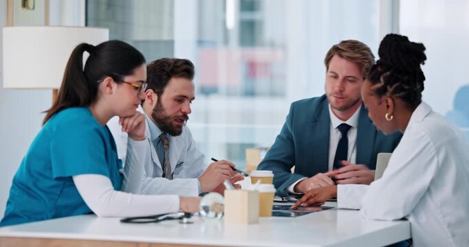 Paper, doctors or hospital lawyer in meeting, patient case discussion or malpractice lawsuit. Healthcare, review scan or people talk for medical litigation opinion, consultation or neglect complaint