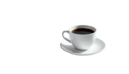 Plain coffee cup, white saucer, dark liquid, isolated scene