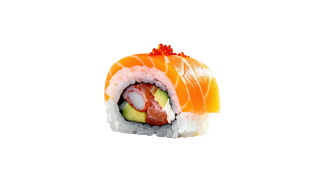 Salmon-wrapped sushi roll with roe isolated on black
