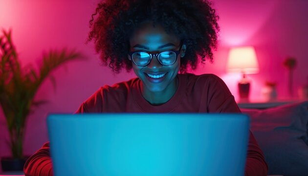 Smiling african woman in glasses works on laptop in pink neon light. Young student enjoys online learning at home. Happy geek girl programmer codes late, enjoys remote work, surfs internet on