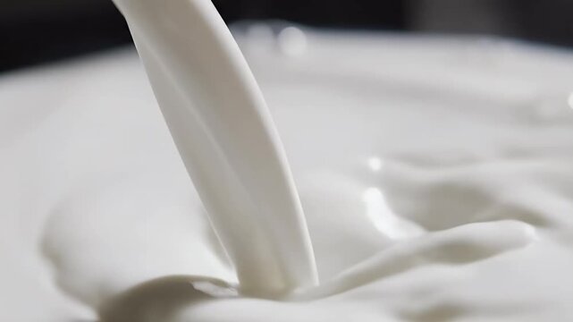 Fresh, creamy white liquid being poured into a bowl of milk, creating ripples and splashes