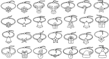 Festive Christmas Bracelets Set: Hand-Drawn Vector Holiday Jewelry with Snowflake, Reindeer, Candy Cane  Gift Designs