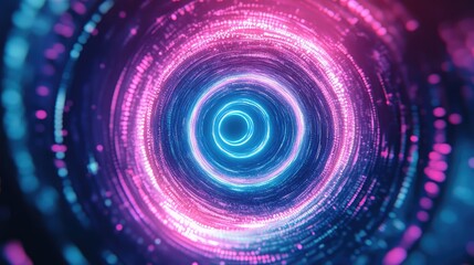 Abstract data tunnel with glowing neon light circles