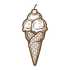 Hand drawn sketch style ice cream cone with cherry dessert sweet treat vector art
