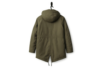 Green hooded winter parka hanging, outerwear clothing, fashion and textile industry on transparent background