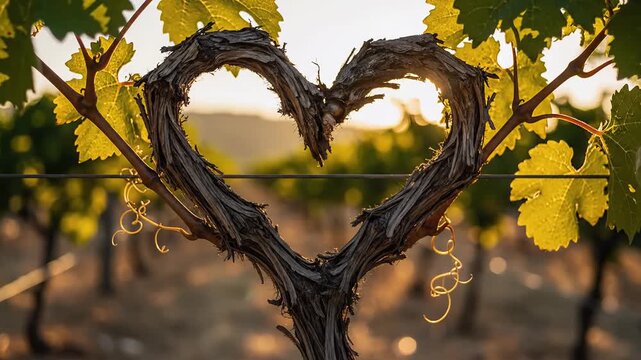 Romantic Heart-Shaped Vine in a Vineyard at Sunset, Ideal for Valentines Day or Love