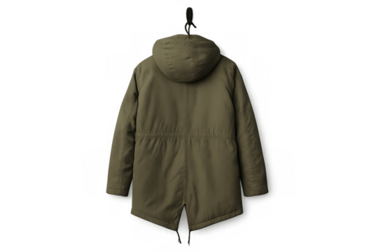 Green hooded winter parka hanging, outerwear clothing, fashion and textile industry on transparent background
