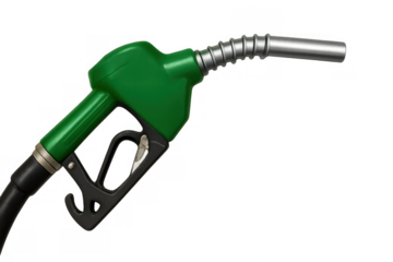 Green fuel pump nozzle providing gasoline, petrol or diesel for automobiles and transportation, transparent background
