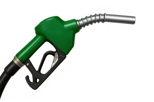 Green fuel pump nozzle providing gasoline, petrol or diesel for automobiles and transportation, transparent background