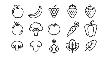 Line art illustration of healthy food featuring fruits and vegetables