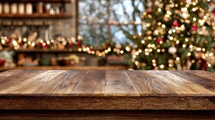 A decorated tree and warm bokeh lights glow surround a rustic wooden table to create a cozy Christmas setting