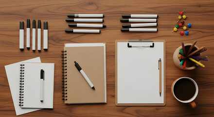 Creative Workspace Mockup with Desk Supplies, Notebooks, Coffee, and Markers on Wooden Table