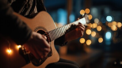 Fototapeta premium In a dimly lit environment, a young musician plays a guitar embellished with warm glowing string lights