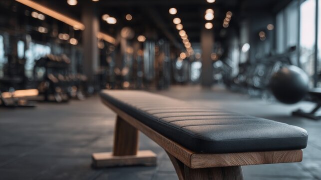 In a gym with a blurred background of various equipment and shining lights above, an empty weight bench is currently sitting