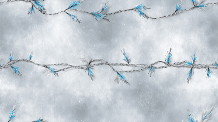 Seamless frosted rope garland pattern with icy blue tinsel accents on a snowy textured background for a cold winter aesthetic