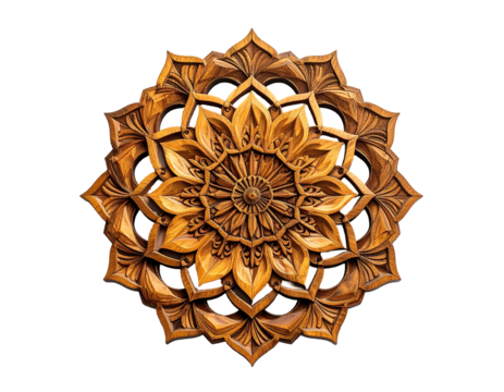 Close-up studio shot of an ornate, wooden, star-shaped wall art piece with intricate, layered floral patterns