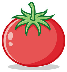 Cartoon illustration of a ripe tomato with a green stem, isolated on white.