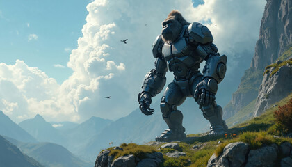 Giant cybernetic gorilla stands on cliff edge overlooking mountain valley. Futuristic ape in metal suit explores natural landscape under blue sky with clouds. Wildlife meets technology concept.