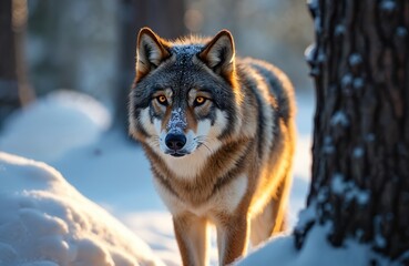 Fototapeta premium Wolf stands in snow covered forest during sunset. This wild predator has sharp eyes. Animal watches intently. Golden light shines on its fur.