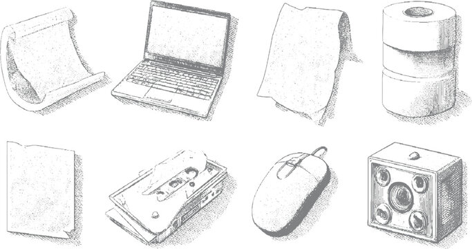 Collection of vintage and modern office and technology objects in sketch style scroll paper