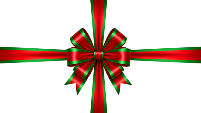 High-quality PNG of a decorative green and red ribbon bow with long crossing stripes, isolated on a white background. Perfect for Christmas designs, gift packaging, branding, and festive decorations.