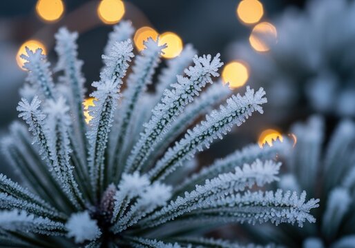 A macro photograph of delicate white frost crystals covering the green needles of a pine branch with warm bokeh lights in the background. Christmas Theme - Powered by Adobe