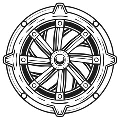 Fototapeta premium Stylized black and white graphic of a circular nautical ship's steering wheel with thick spokes and bolted rim