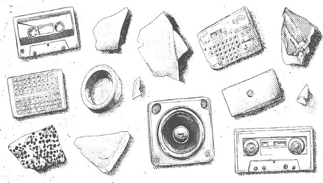 Collection of vintage audio equipment and broken fragments in a sketch style cassette tape