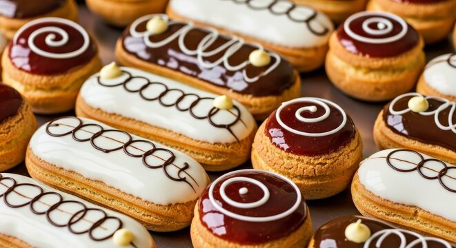 Sweet Treat Assortment: An array of artfully decorated cream puffs and eclairs, showcasing a delectable display of tempting treats, ready to delight the eyes and the palate.