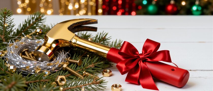 A golden hammer with a red bow as a Christmas gift for a handyman. Construction tool on fir branches with festive holiday decorations. Creative DIY and home improvement concept with copy space - Powered by Adobe