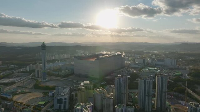 Aerial View of Icheon, Hynix Semiconductor Factory, Sunset