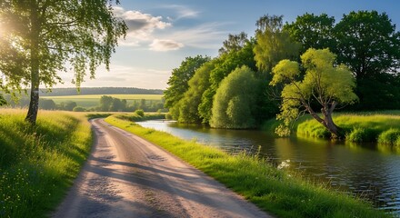 Sunlit Path Along a Serene River with Lush Green Trees and Fields.
