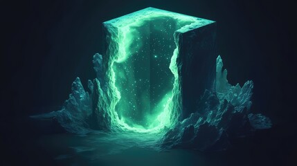 Glowing green portal opening to cosmic space