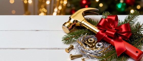 A golden hammer tool as a Christmas gift with a red bow. Holiday background for a construction company or handyman. Festive banner with copy space