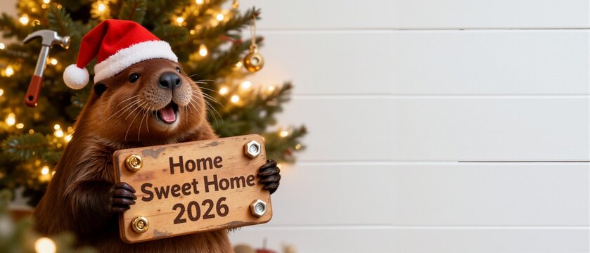 A cute beaver in a Santa hat holding a 'Home Sweet Home 2026' sign. Funny animal builder with a hammer next to a Christmas tree. New home and holiday concept with copy space